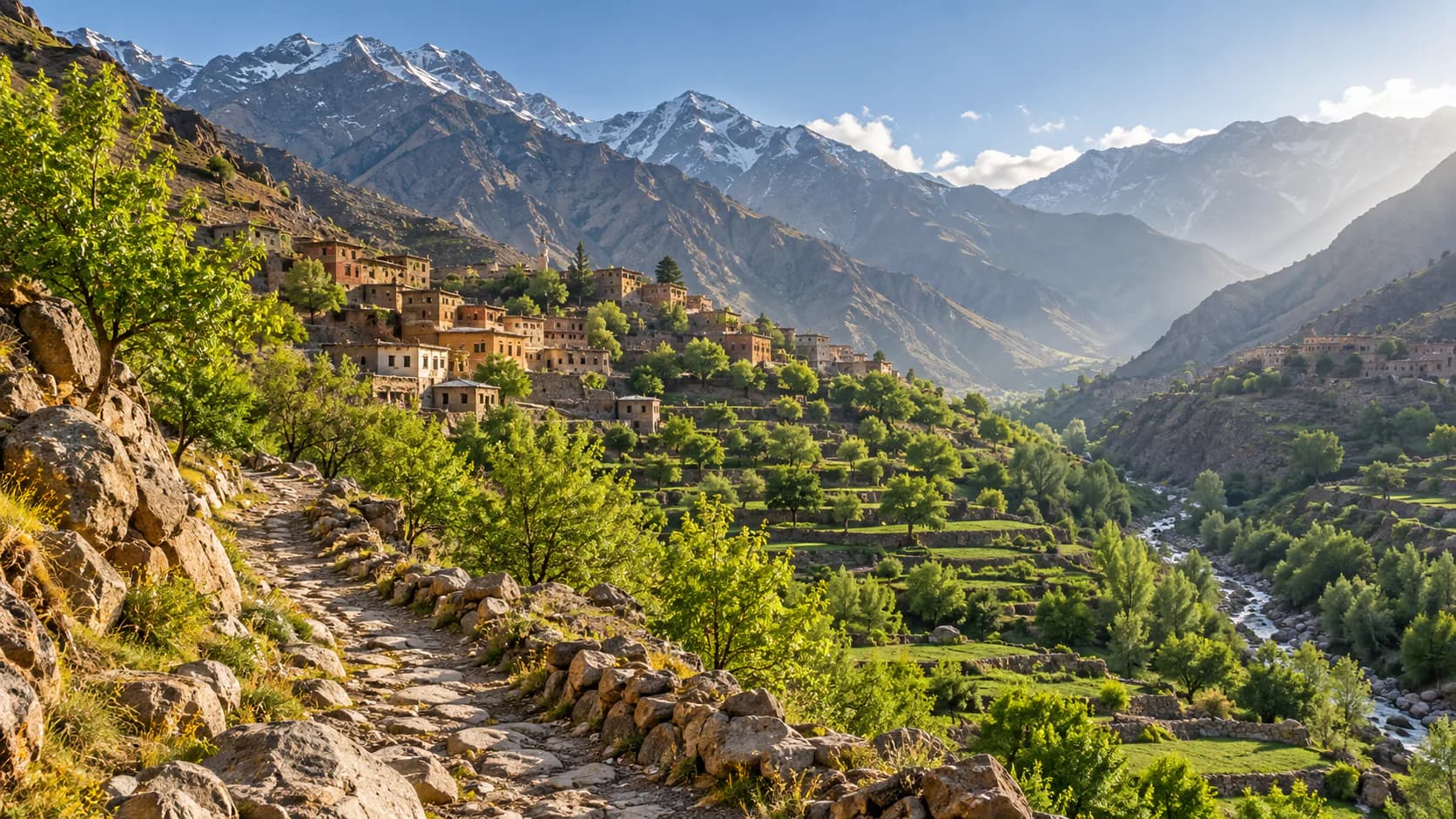 Illustration d’un sentier de pierre descendant vers une vallée verdoyante et un village, sous des montagnes enneigées