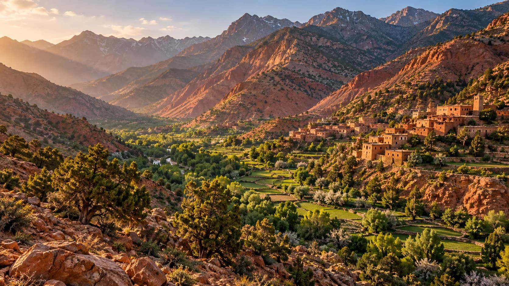 Illustration of an ochre mountain valley with terraced fields and a village on the hillside