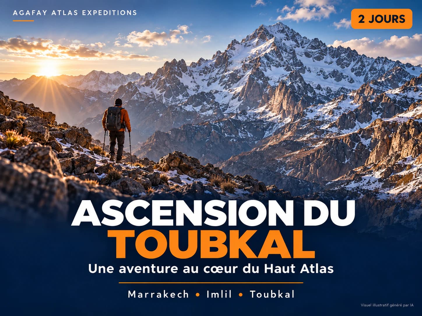 Affiche illustrée du programme « Ascension du Toubkal — 2 jours » (illustration générée par IA)