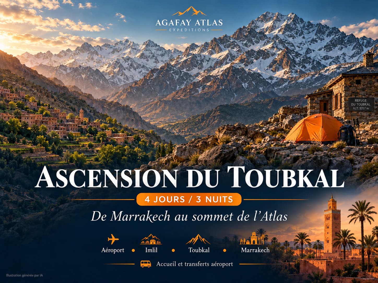 Illustration promotionnelle de l’ascension du Toubkal en 4 jours, avec le titre, l’itinéraire et la marque inscrits sur l’affiche