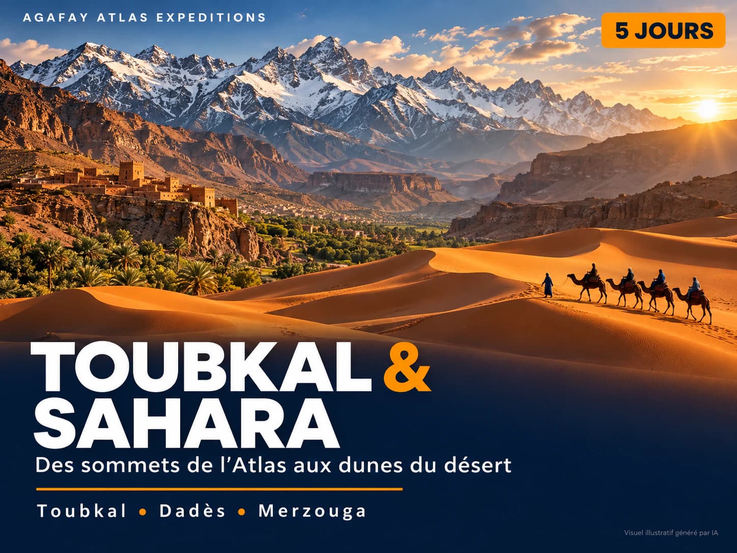 Affiche illustrée du programme « Toubkal & Sahara — 5 jours » (illustration générée par IA)