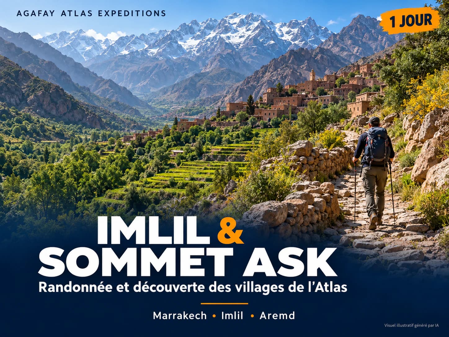 Affiche illustrée du programme « Imlil & Sommet Ask — 1 jour » (illustration générée par IA)